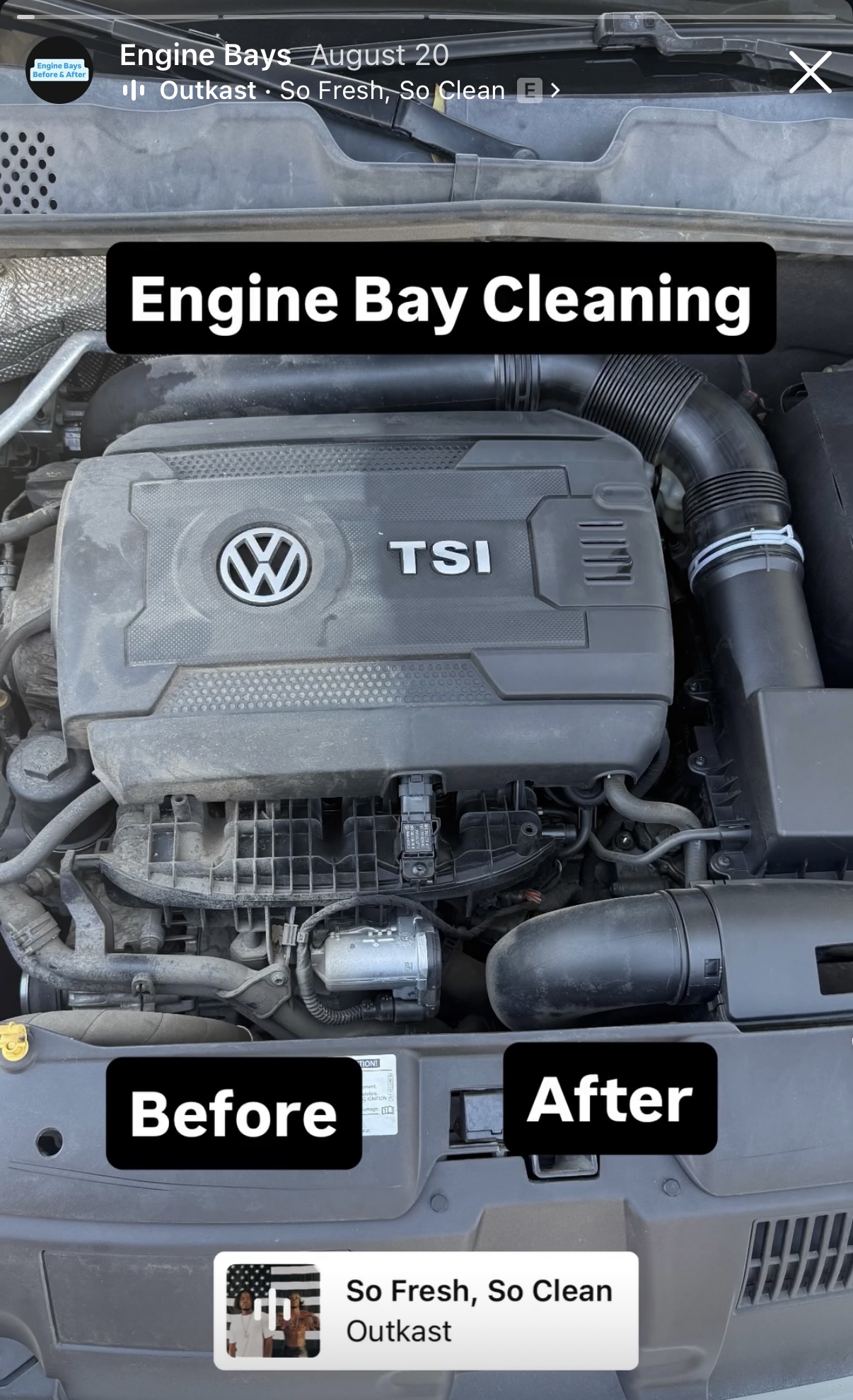 Engine bay dry ice blasting import vehicle before and after