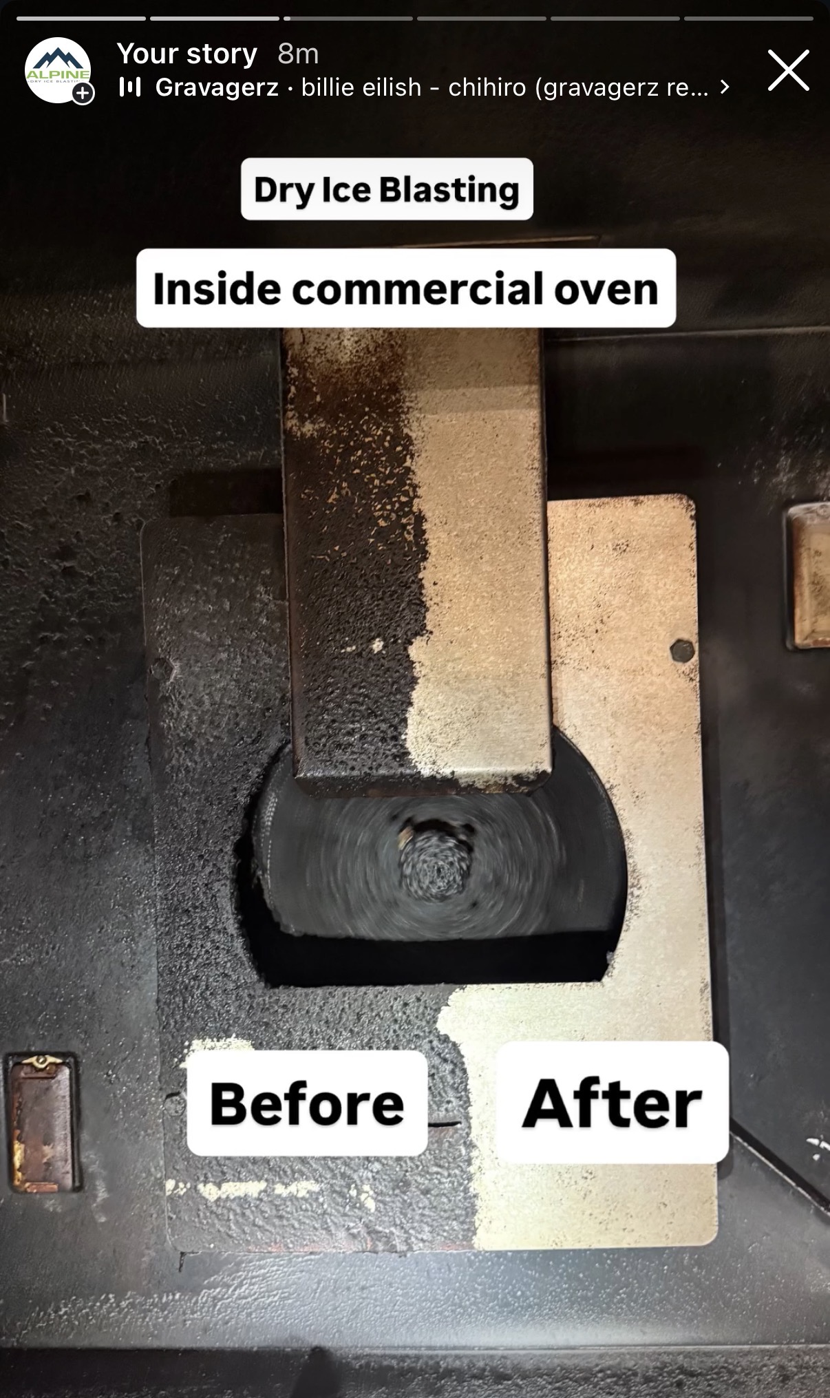 Commercial oven interior dry ice blasting before after — carbon buildup removed