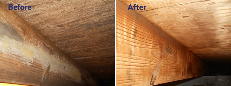 Rafter and joist mold remediation dry ice blasting before and after